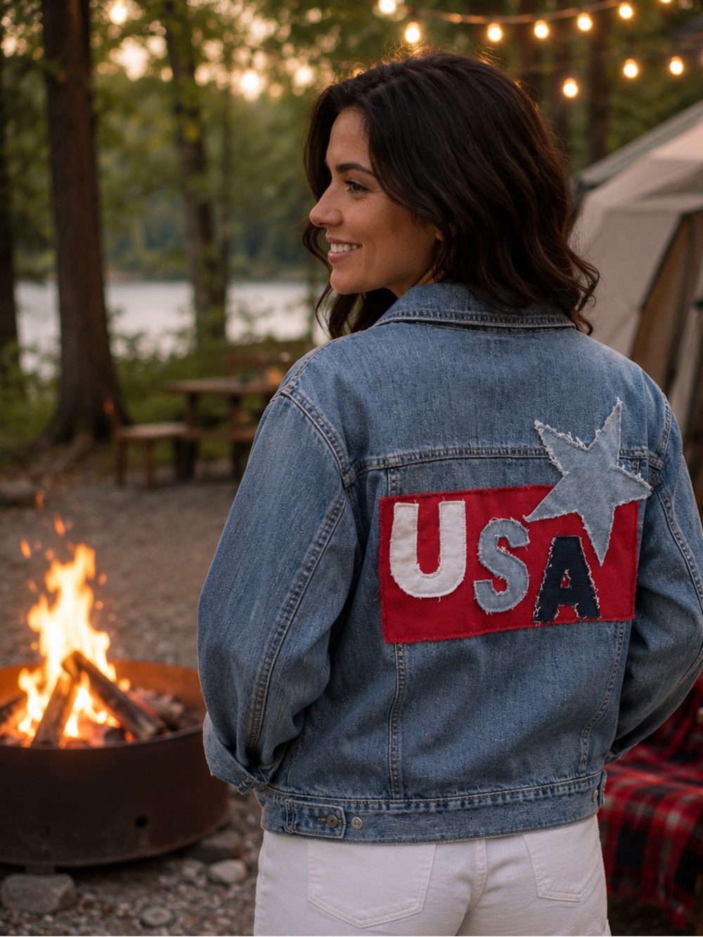 USA Upcycled Denim Jean Jacket. Olympics Jacket.  Large.